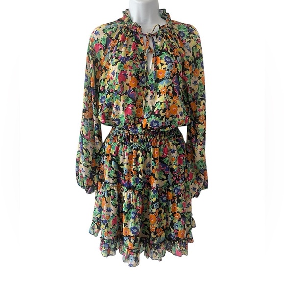 Lavender Brown Floral Mini Dress XS V-Neck, Long Sleeve, Tiered Skirt, Black - Picture 8 of 8